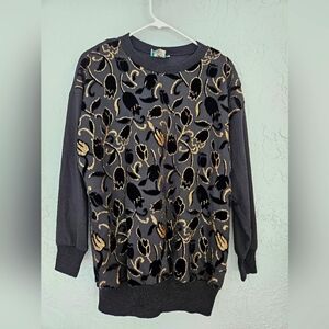 Vtg Sprouts Floral Velvet Gold Metallic Womens M Sweater USA